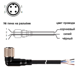 CLDH3-2 Соединительный кабель для датчиков, с разъёмом 4-pin M12 - гнездо (угловое) 3-х проводной для цепей постоянного тока (DC), маслостойкий, длина 2 м, питание 24VDC