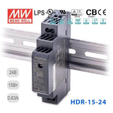 HDR-15-24, Источник питания Mean Well,  24В,  630 мА, 15Вт, диапазон регулировки напряжения 21.6 ~ 29VDC