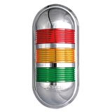 PWECZ-301-RYG  Cигнальная лампа, светодиодная, монтируемая на стену, цвет корпуса: хромированное покрытие, тип свечения: постоянное  + мигающее  + зуммер 80дБ, 3 секции, цвета плафонов (сверху вниз): красный, желтый, зеленый, 12VAC/DC, IP52