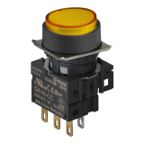 S16PR-E4YC Кнопка в сборе, круглая, 16 мм, выступающий тип, с фиксацией (без блока подсветки), цвет желтый, блок контактов: контакт перекидной 1С, 3A 250VAC.