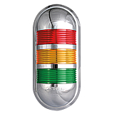 PWECZ-302-RYG, Светодиодная сигнальная лампа, пост. и миг. свечение + зуммер,  24VDC AC/DC, компактная, настенное крепление, 3 секции, красн./жел./зел., корпус хромированный