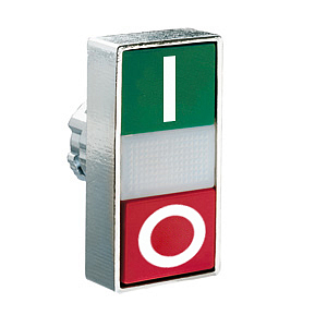 8 LM2T BL7123 Толкатель двойной кнопки нажатия с возможностью установки подсветки, в металлическом корпусе, без фиксации, утапливаемые кнопки, (без крепежного основания ..AU120), цвет кнопок: зеленый/красный, символы "I" и "O"