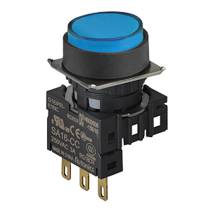 S16PR-E1BC BLUE/1C Кнопочный выключатель, круглые, позиция: 16 мм,тип ограждения: выступающие, тип эксплуатации: возврат, синий, блок контактов: контакт С:1