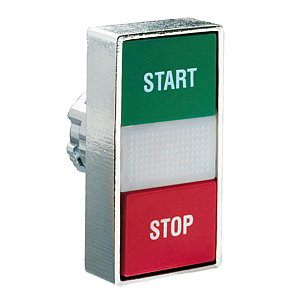 8 LM2T BL7133 Толкатель двойной кнопки нажатия с возможностью установки подсветки, в металлическом корпусе, без фиксации, утапливаемые кнопки, (без крепежного основания ..AU120), цвет кнопок: зеленый/красный, символы "START-STOP"