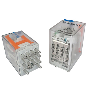 AE-407DLTU Реле 5А, 4С, катушка 220VDC, светодиод + тестовая кнопка, полярность катушки -A1 (13)/+A2 (14)